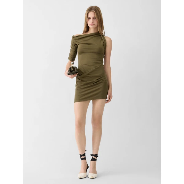 JACQUEMUS The Drapeado Mini Dress in Dark Khaki, view 2