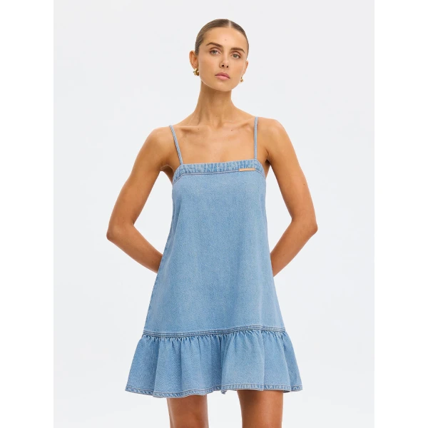 Kivari Emilie Denim Strappy Mini Dress in Coast Blue, view 2