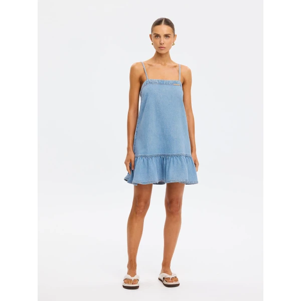 Kivari Emilie Denim Strappy Mini Dress in Coast Blue, view 4