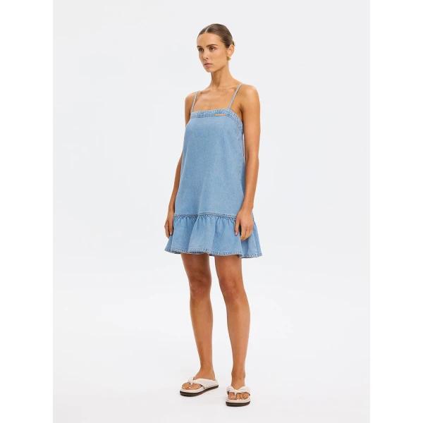 Kivari Emilie Denim Strappy Mini Dress in Coast Blue, view 5