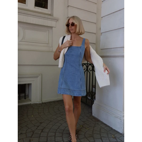Kivari Oriana Denim Mini Dress in Stonewash, view 3