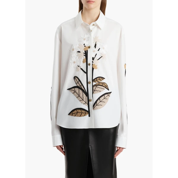 Khaite Argo Top in Chalk Cotton with Floral Embroidery, view 3