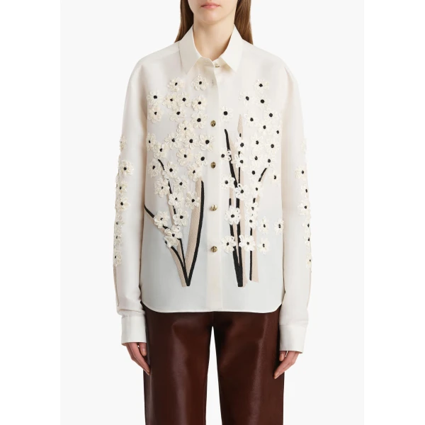 Khaite Argo Top in Natural with Floral Embroidery, view 3