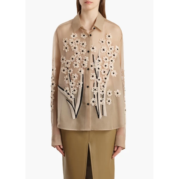 Khaite Argo Top in Tea Stain with Floral Bouquet Embroidery, view 3
