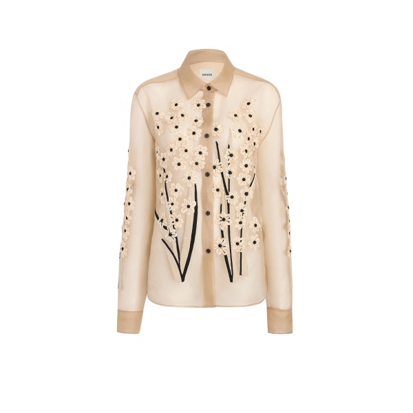 Khaite Argo Top in Tea Stain with Floral Bouquet Embroidery