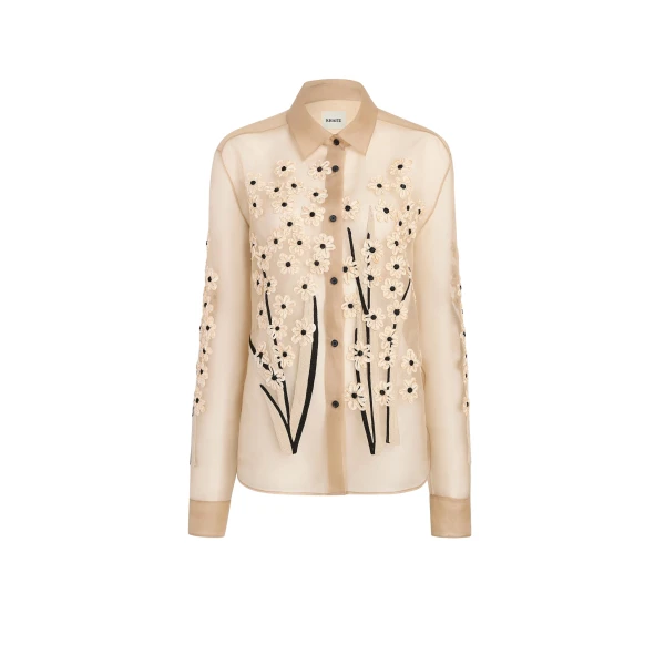 Khaite Argo Top in Tea Stain with Floral Bouquet Embroidery