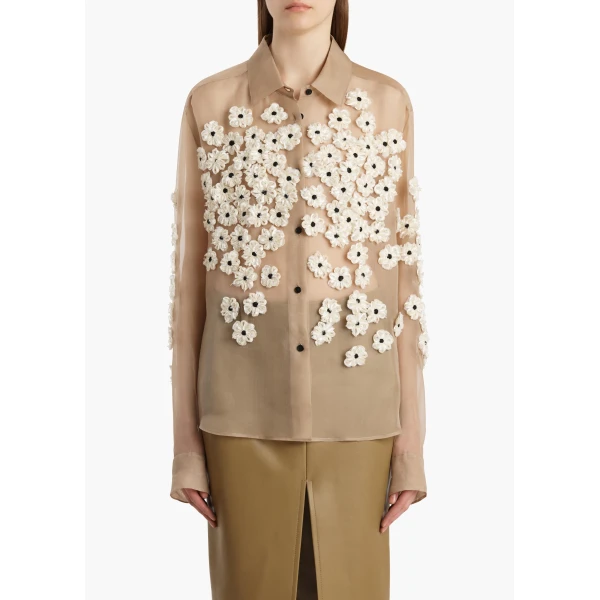 Khaite Argo Top in Tea Stain with Floral Embroidery, view 3