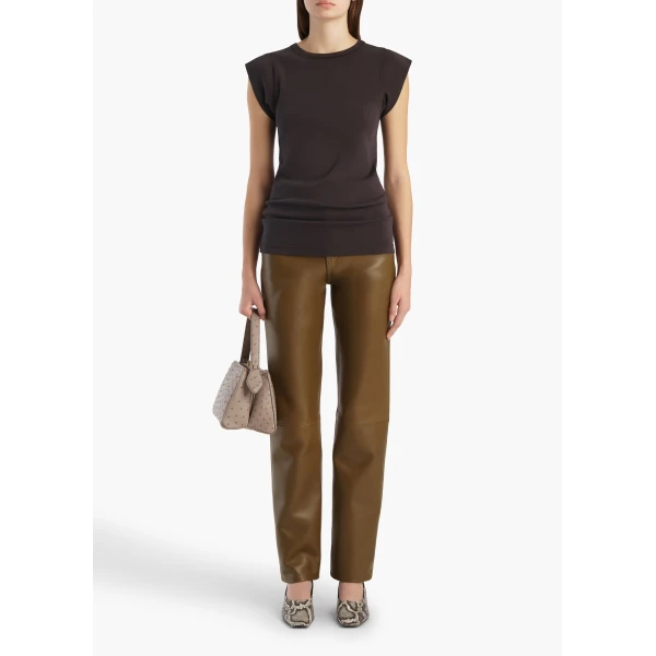 Khaite Callum Pant in Dark Olive Leather, view 2