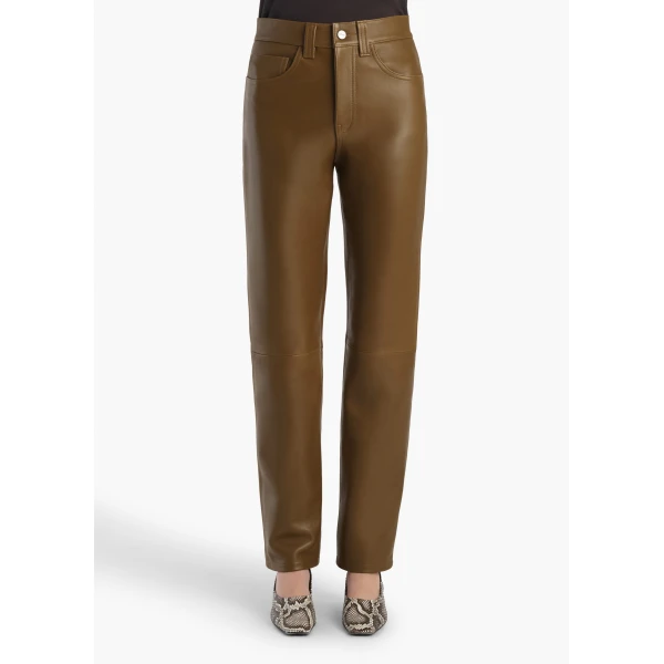 Khaite Callum Pant in Dark Olive Leather, view 3