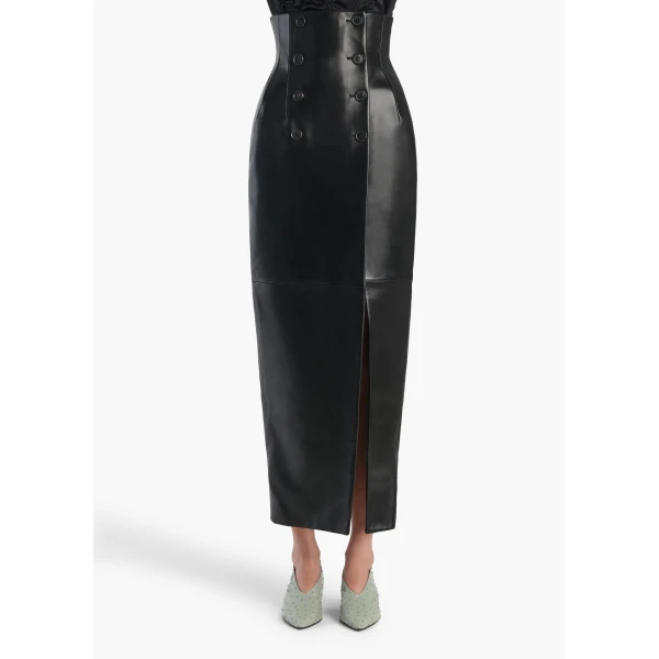 Khaite Luiza Skirt in Black Leather, view 3