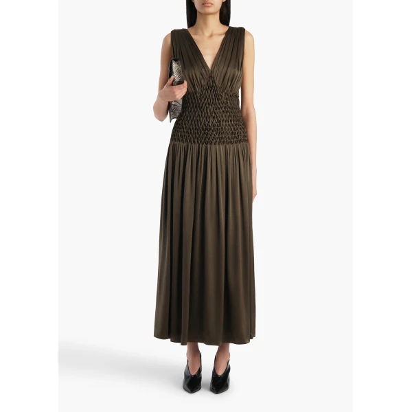 Khaite Nola Dress in Dark Olive Silk, view 2