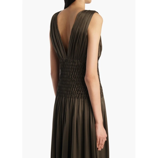 Khaite Nola Dress in Dark Olive Silk, view 3