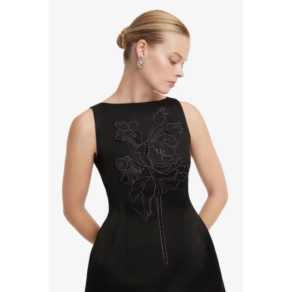 Leo Lin Ali Appliqué Boat Neck Mini Dress in Ebony, view 6