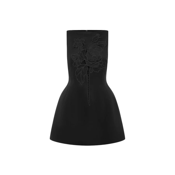 Leo Lin Ali Appliqué Boat Neck Mini Dress in Ebony
