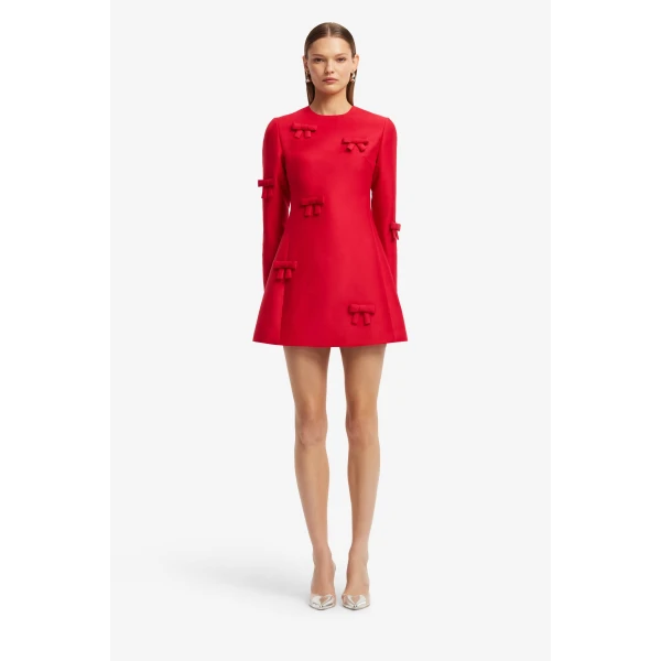 Leo Lin Aliza Bow Long Sleeve Mini Dress in Vermilion, view 2