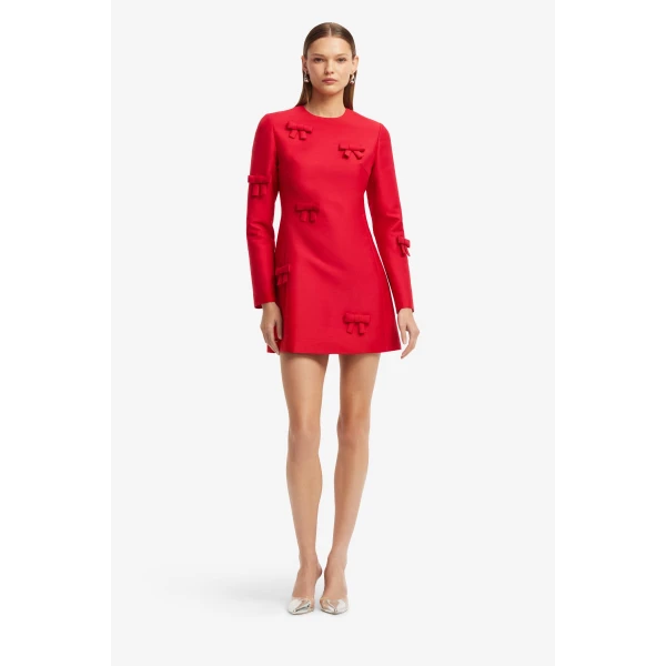Leo Lin Aliza Bow Long Sleeve Mini Dress in Vermilion, view 3