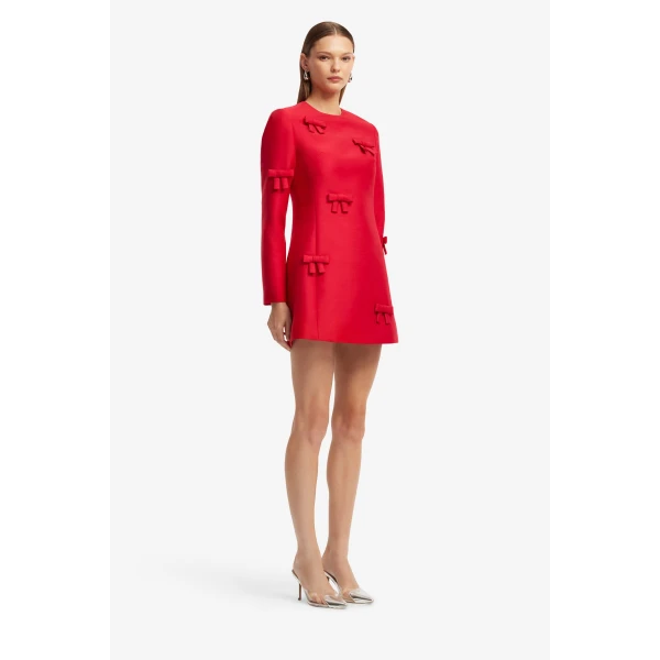 Leo Lin Aliza Bow Long Sleeve Mini Dress in Vermilion, view 4