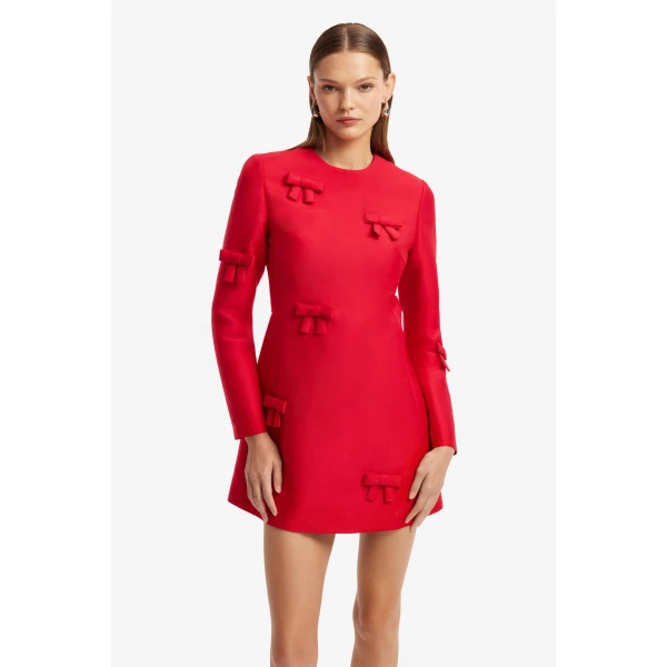 Leo Lin Aliza Bow Long Sleeve Mini Dress in Vermilion, view 6