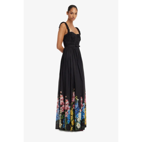 Leo Lin Angelina Ruffled Floor Length Dress in Snapdragon Print in Ebony, view 4