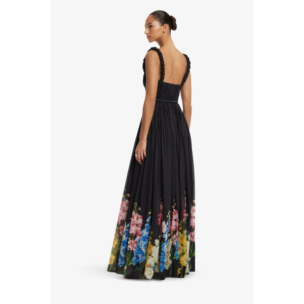 Leo Lin Angelina Ruffled Floor Length Dress in Snapdragon Print in Ebony, view 5