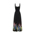 Leo Lin Angelina Ruffled Floor Length Dress in Snapdragon Print in Ebony