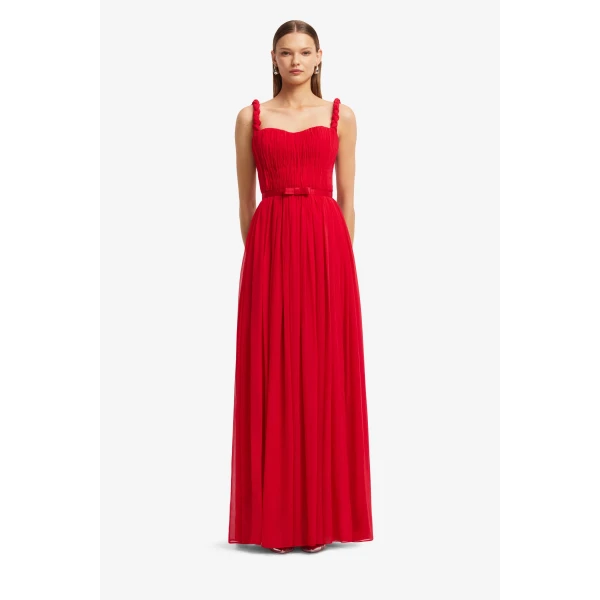 Leo Lin Angelina Ruffled Floor Length Dress in Vermilion, view 2