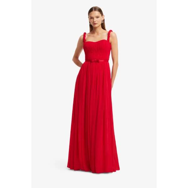 Leo Lin Angelina Ruffled Floor Length Dress in Vermilion, view 3