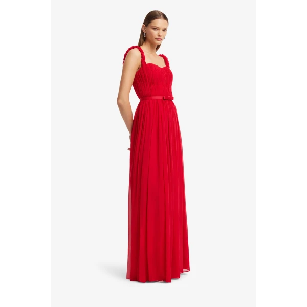 Leo Lin Angelina Ruffled Floor Length Dress in Vermilion, view 4