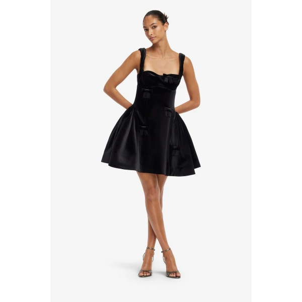 Leo Lin Ariel Velvet Bow Mini Dress in Ebony, view 3