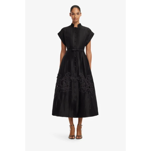 Leo Lin Aubrey Appliqué Shirt Midi Dress in Ebony, view 2