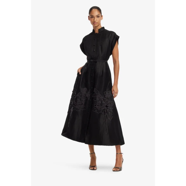Leo Lin Aubrey Appliqué Shirt Midi Dress in Ebony, view 3