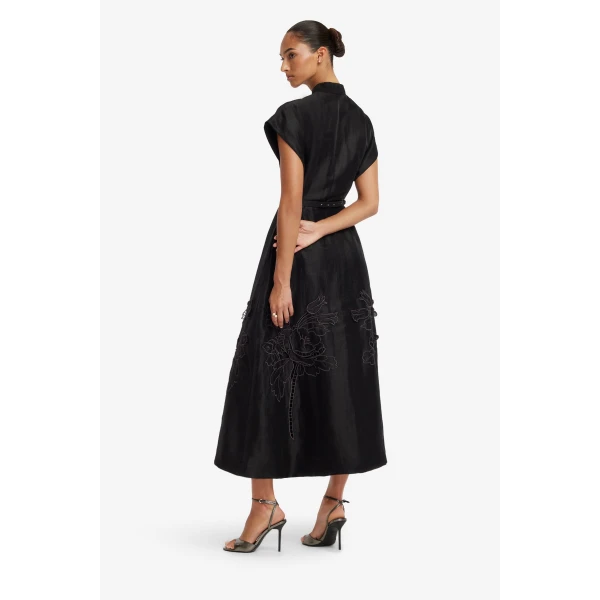 Leo Lin Aubrey Appliqué Shirt Midi Dress in Ebony, view 5