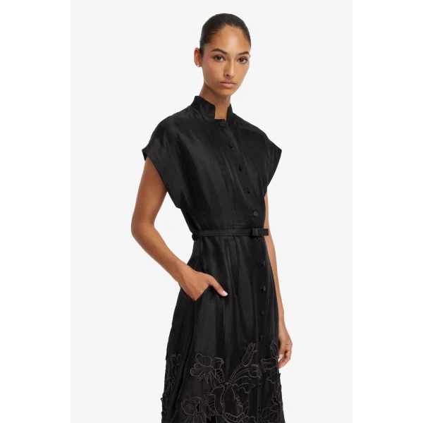 Leo Lin Aubrey Appliqué Shirt Midi Dress in Ebony, view 6