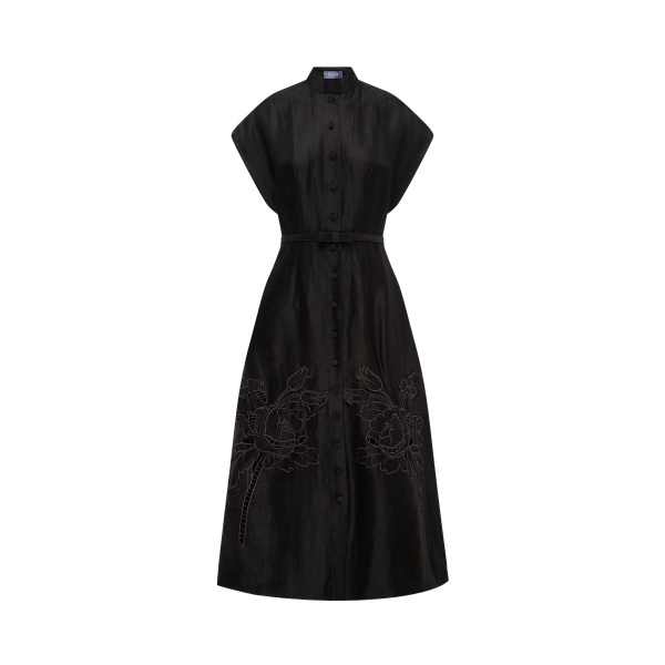 Leo Lin Aubrey Appliqué Shirt Midi Dress in Ebony