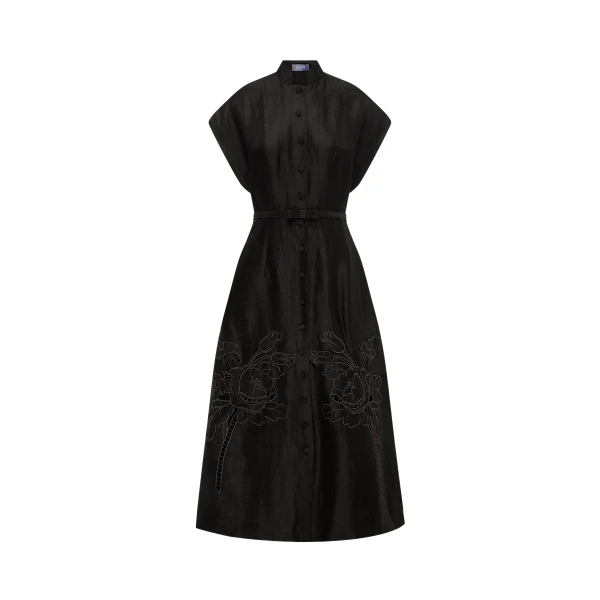 Leo Lin Aubrey Appliqué Shirt Midi Dress in Ebony