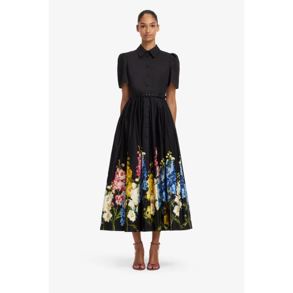 Leo Lin Bianca Short Sleeve Midi Dress in Snapdragon Print in Ebony, view 2