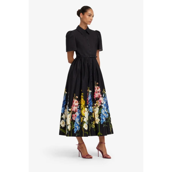 Leo Lin Bianca Short Sleeve Midi Dress in Snapdragon Print in Ebony, view 4