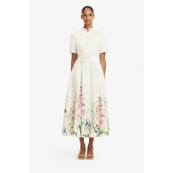 Leo Lin Bianca Short Sleeve Midi Dress in Snapdragon Print in Snow, view 2