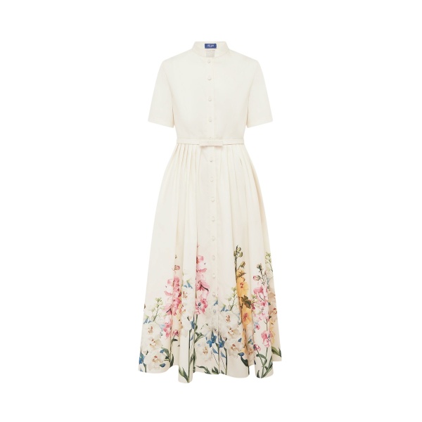 Leo Lin Bianca Short Sleeve Midi Dress in Snapdragon Print in Snow