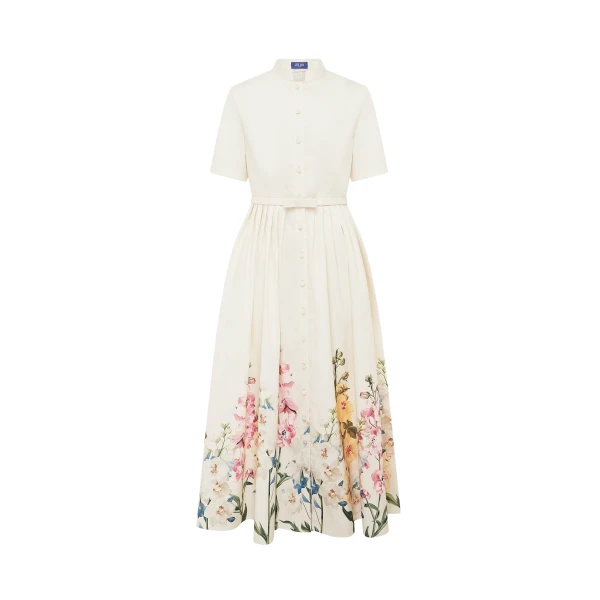 Leo Lin Bianca Short Sleeve Midi Dress in Snapdragon Print in Snow