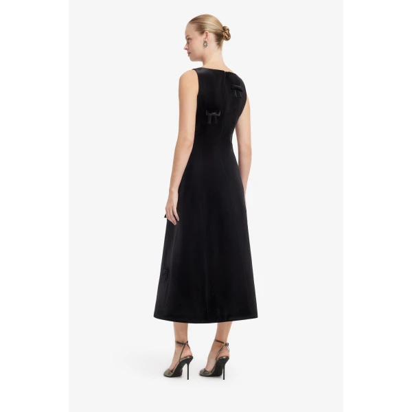 Leo Lin Cleo Velvet Bow Sleeveless Midi Dress in Ebony, view 5