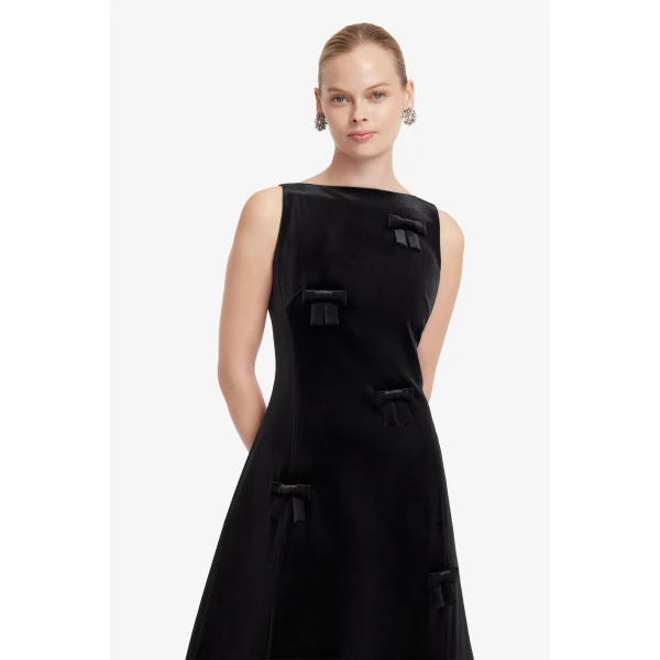 Leo Lin Cleo Velvet Bow Sleeveless Midi Dress in Ebony, view 6