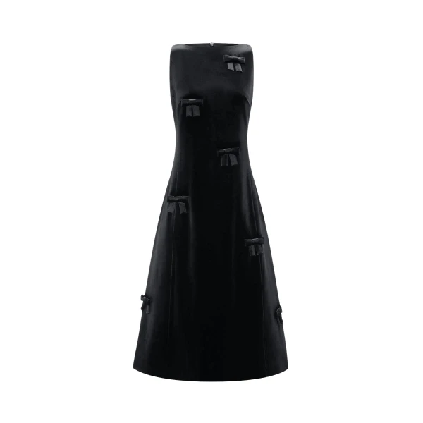 Leo Lin Cleo Velvet Bow Sleeveless Midi Dress in Ebony