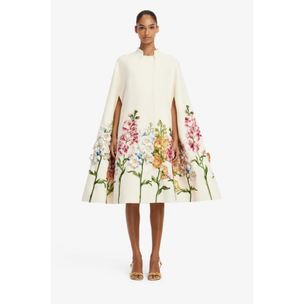 Leo Lin Clover Embroidered Wool Cape Jacket in Snapdragon Print in Snow, view 2