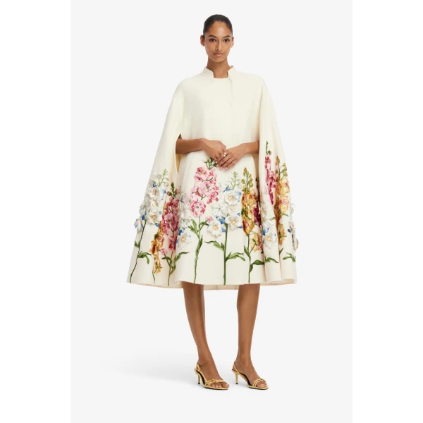 Leo Lin Clover Embroidered Wool Cape Jacket in Snapdragon Print in Snow, view 3