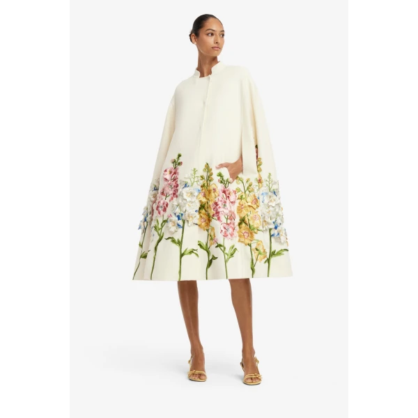 Leo Lin Clover Embroidered Wool Cape Jacket in Snapdragon Print in Snow, view 4