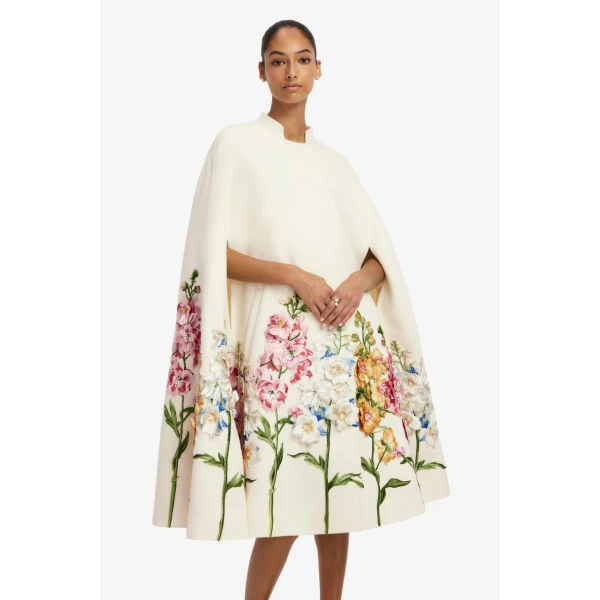 Leo Lin Clover Embroidered Wool Cape Jacket in Snapdragon Print in Snow, view 6