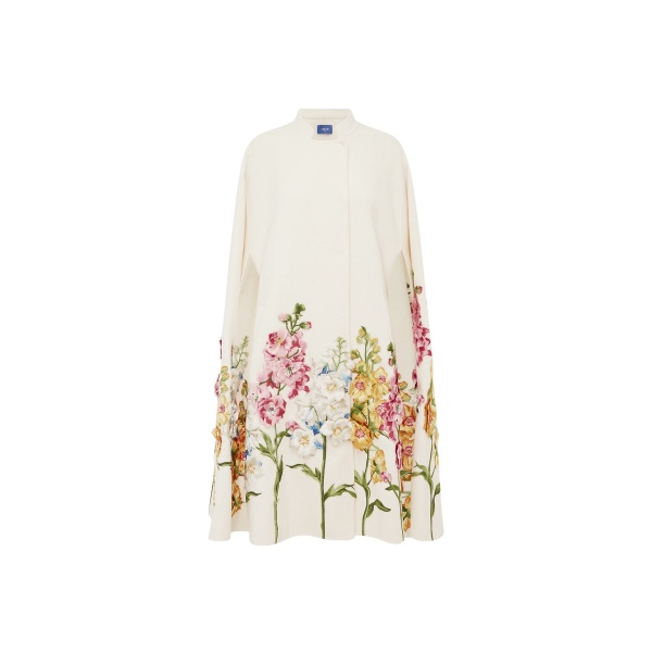 Leo Lin Clover Embroidered Wool Cape Jacket in Snapdragon Print in Snow