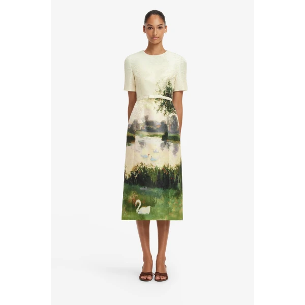 Leo Lin Elizabeth Jacquard Short Sleeve Midi Dress in Serene Print, view 2