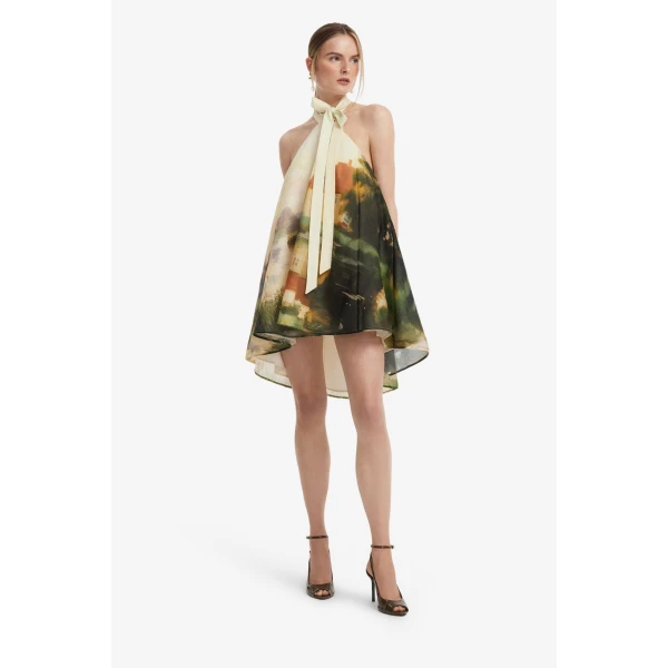 Leo Lin Eloise Halterneck Mini Dress in Serene Print, view 3